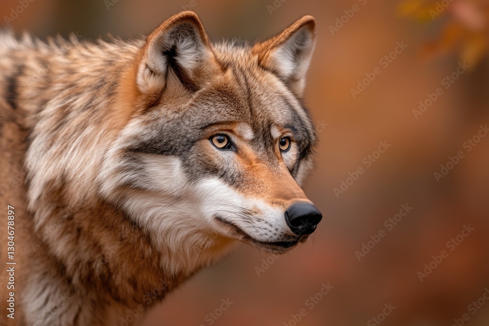 Majestic wolf gazes intently, surrounded by warm autumn hues and Majestic wolf gazes intently, surrounded by warm autumn hues and