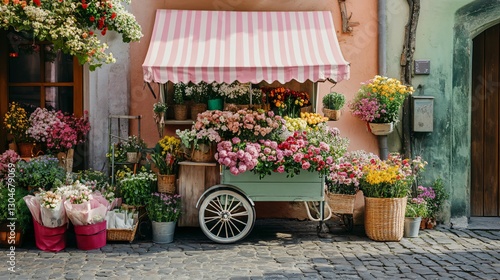 Charming Flower Cart in European Village Setting