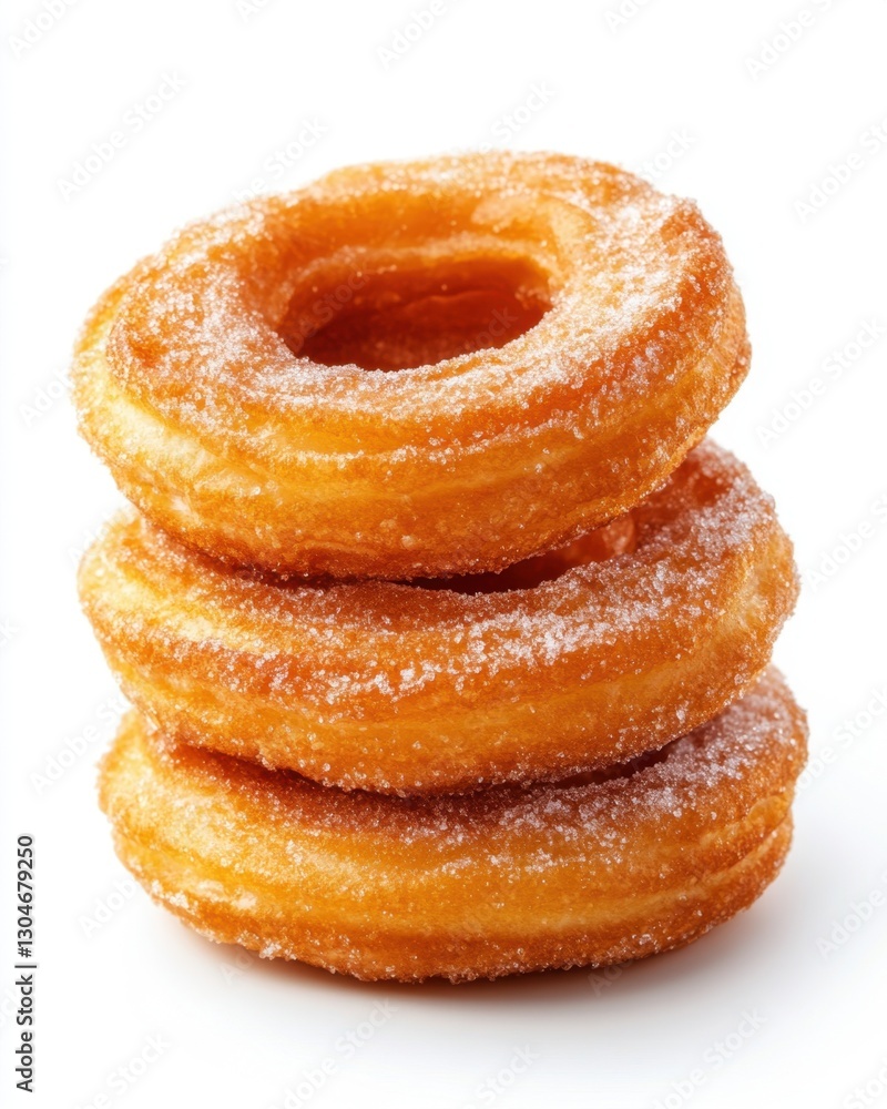 Stack of Three Delicious Sugar Coated Donuts on a White Background in a Studio Setting with Soft Lighting Stack of Three Delicious Sugar Coated Donuts on a White Background in a Studio Setting with Soft Lighting