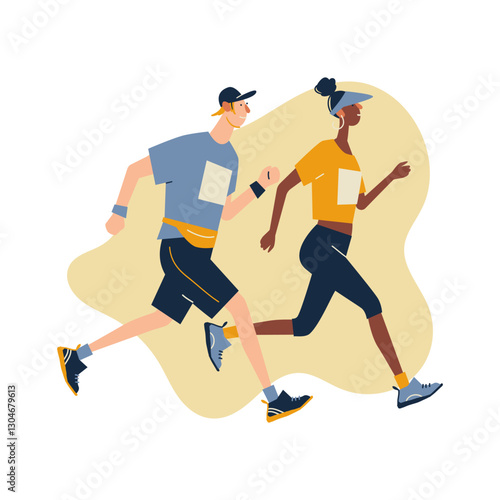 Running man and woman in sportswear at marathon race.  Marathon race, 5k run, sprint. Flat cartoon vector illustration on white background. Creative landing page design template, web banner.