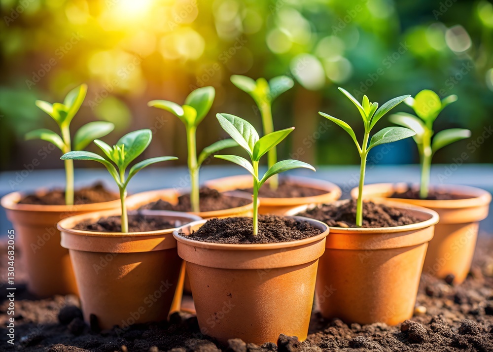 Young Green Plants in Pots, Spring Growth - Sustainability Young Green Plants in Pots, Spring Growth - Sustainability