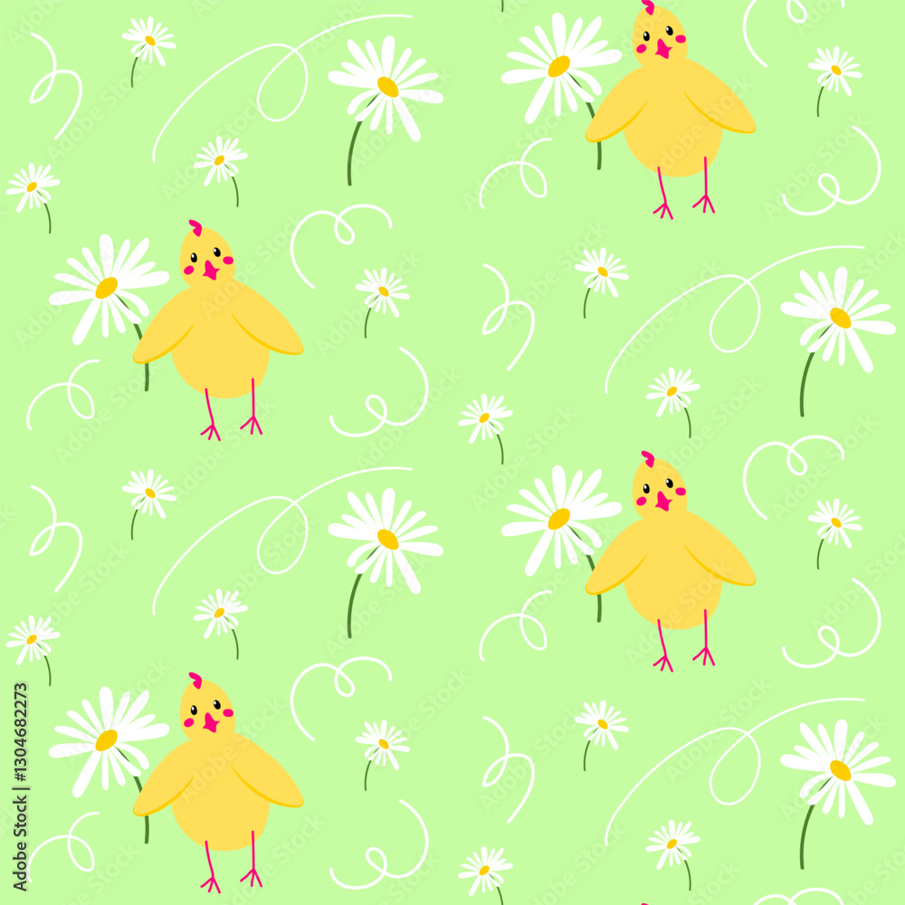 Obraz premium Seamless pastel spring floral vector pattern with cute yellow chicken bird. Children or Easter background with daisy flowers. 