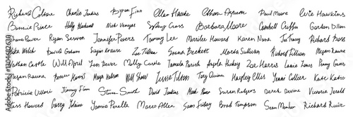 A large set with full name autograph. Vector handwritten signature. Forged autograph written in different handwritings. Examples of documents and contracts with ink and pencil signatures.