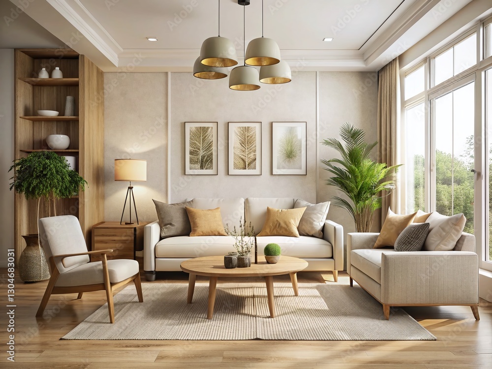Naklejka premium Modern Living Room Interior Design: Soft Neutral Tones & Natural Light