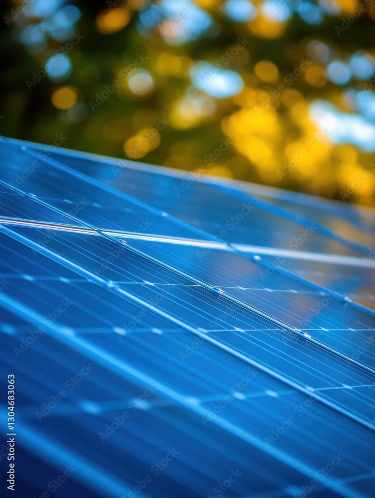 Close up of blue solar panels harnessing renewable energy with blurred nature background for sustainability