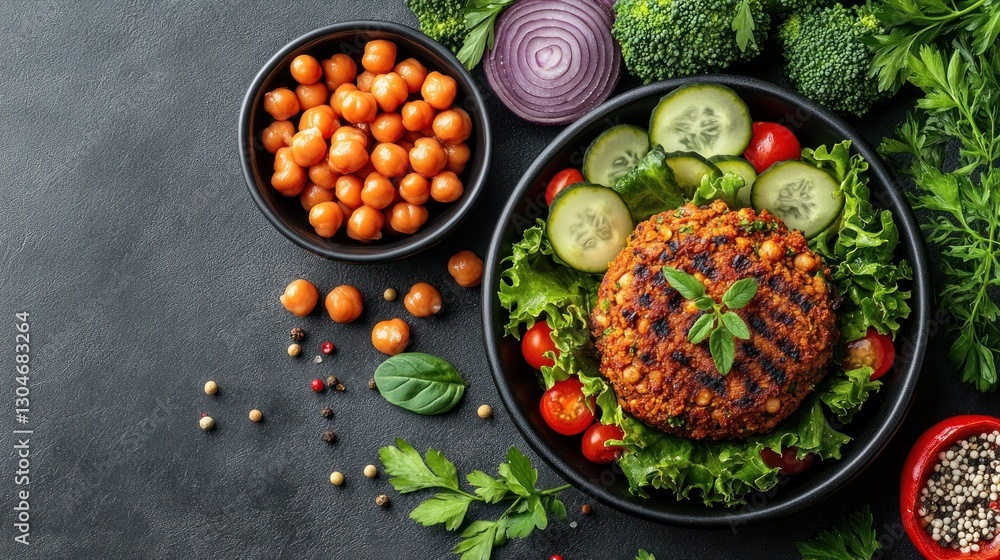 Healthy Chickpea Burger on Dark Stone, Veggies, Ingredients Healthy Chickpea Burger on Dark Stone, Veggies, Ingredients