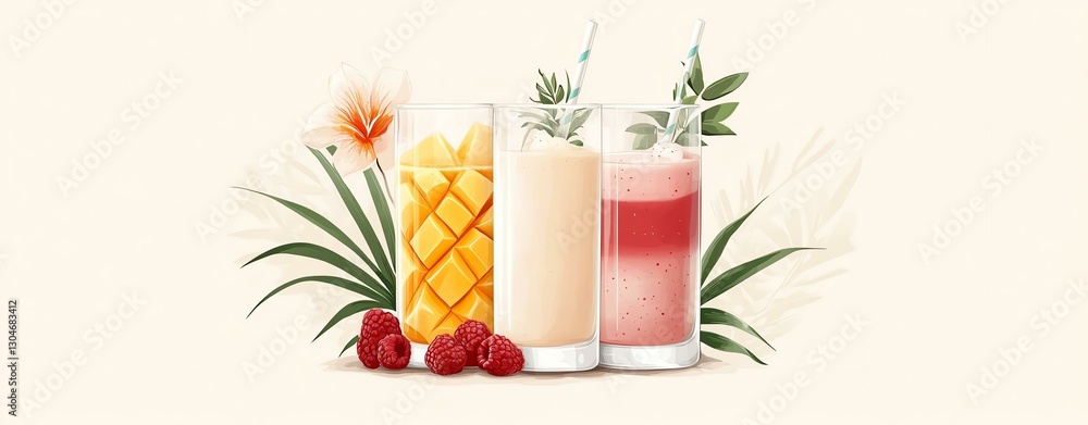 Fototapeta premium Tropical drinks with vibrant summer food, refreshing vibrant summer food and tropical drinks. Colorful cocktails featuring fruits, perfect for summer gatherings and refreshing moments.