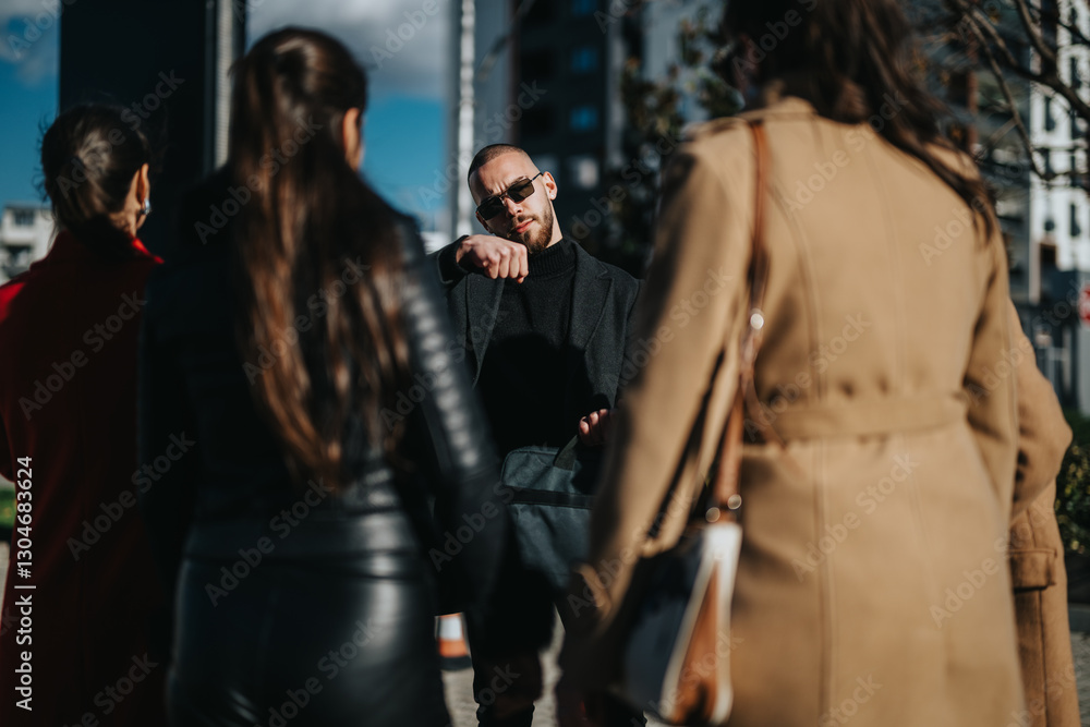 A group of professionals gathered outdoors in a city environment discussing business-related topics while one individual takes the lead in the conversation. A group of professionals gathered outdoors in a city environment discussing business-related topics while one individual takes the lead in the conversation.