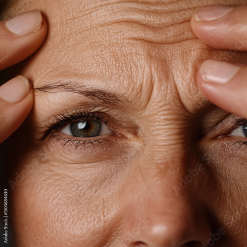 Close up of woman face with prominent wrinkles, focusing on her forehead and eyes, showing signs of aging and expression