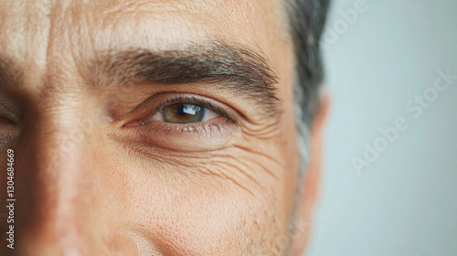 Close up of mature man face showing deep crow feet and relaxed expression, highlighting aging features