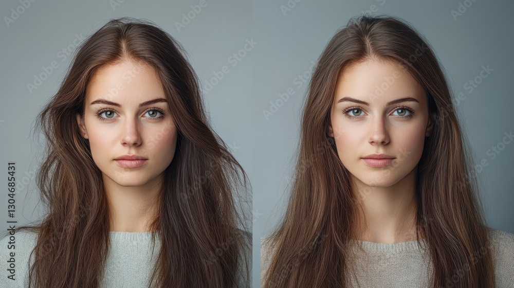 portrait comparison showcasing hair styling variations on a beautiful young woman with expressive eyes and subtle facial features neutral background portrait comparison showcasing hair styling variations on a beautiful young woman with expressive eyes and subtle facial features neutral background