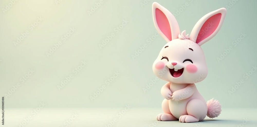 Obraz premium Smiling cartoon bunny with pink ears and fluffy tail, cute, domestic
