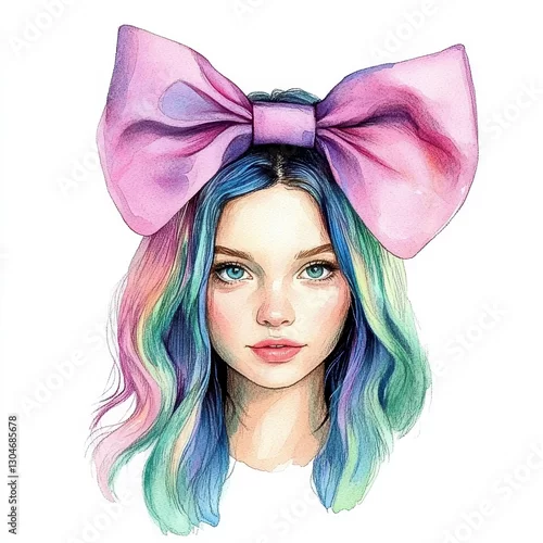 Fototapeta Colorful Portrait of a Young Woman with a Large Bow on Head