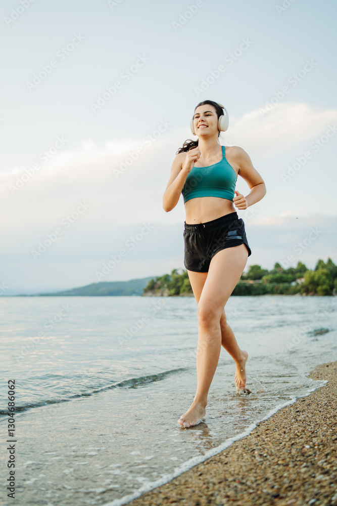 Young caucasian woman run or jog on the beach at sunset Young caucasian woman run or jog on the beach at sunset