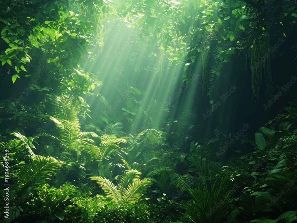 Obraz premium Lush jungle canopy bathed in ethereal sunlight casting dramatic shadows creating a serene and mystical atmosphere in a verdant tropical paradise