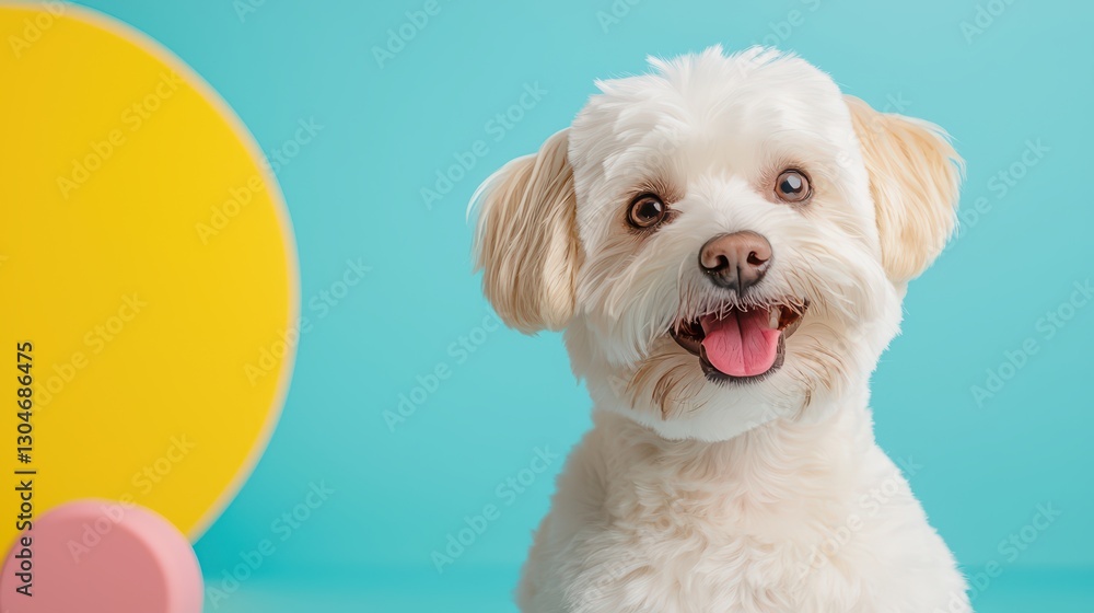 Obraz premium Adorable Puppy Smiling Joyfully in Colorful Studio Setting with Bright Background Elements