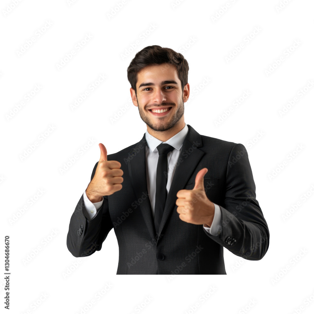 Confident businessman poses with a bright smile and raised thumbs, showcasing a positive attitude in formal business attire. Confident businessman poses with a bright smile and raised thumbs, showcasing a positive attitude in formal business attire.