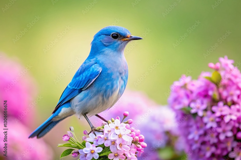 Obraz premium Mountain Bluebird on Lilac Bush - Spring Bird Photography