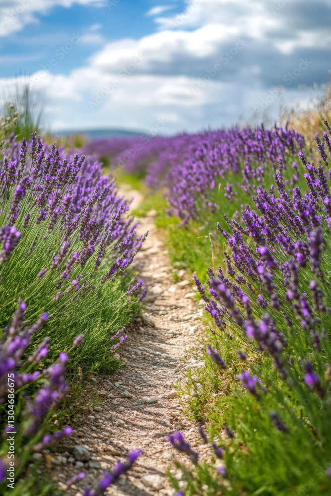 Obraz premium narrow footpath leads through gently swaying lavender field under partly cloudy sky, creating serene and picturesque landscape