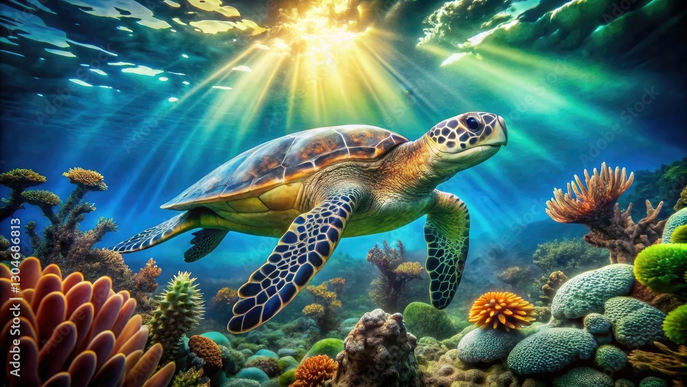 Obraz premium Green Sea Turtle Photography: Underwater Ocean Wildlife, Endangered Species, Conservation, Marine Life, Nature, Reptiles