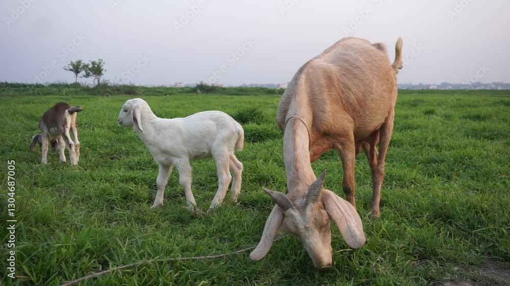 A flock of young goats are playing in a meadow, Playful goats are grazing together in a meadow, A group of little sheep are playing and grazing in a farm A flock of young goats are playing in a meadow, Playful goats are grazing together in a meadow, A group of little sheep are playing and grazing in a farm
