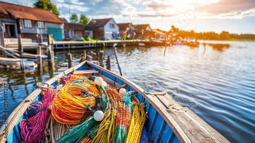 Wallpaper Mural Colorful Fishing Gear on a Boat with Scenic Water View at Sunset Torontodigital.ca