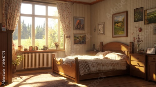 Sunny bedroom with wooden bed  window view  and paintings.