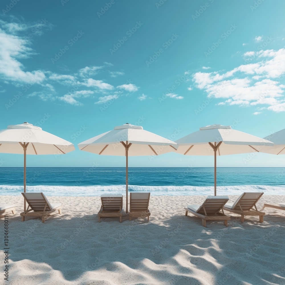 Fototapeta premium Beach chairs and umbrellas on sunny beach