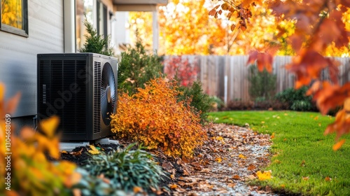 efficient home climate control a modern heat pump installation alongside a residence surrounded by vibrant fall foliage and landscape design