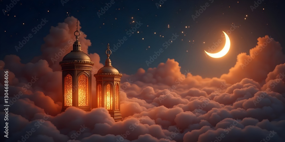 Fototapeta premium AI Generated Dreamy Night Sky with Illuminated Towers and Crescent Moon