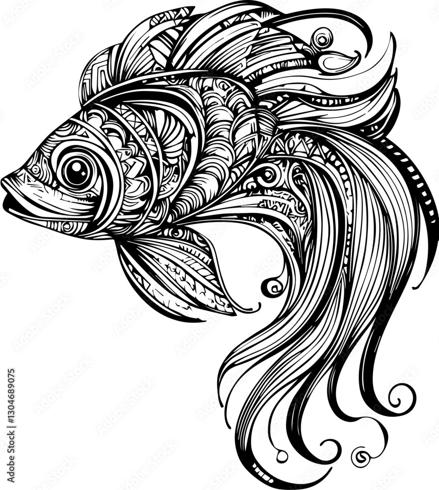 Fototapeta premium SVG vector features zentangle animal designs. Intricate Black and White Fish Illustration with Flowing Lines