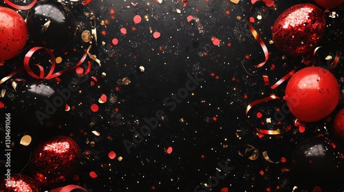 festive celebration background with shimmering red and black balloons and scattered golden confetti creating a luxurious party atmosphere