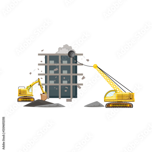 Demolition machinery tearing down old building