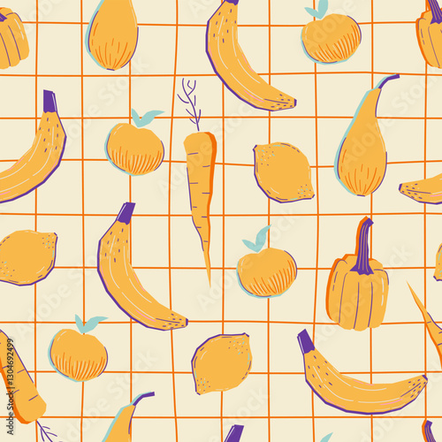 Seamless vector pattern with abstract geometric fruits and vegetables. Checkered background with contemporary art bananas, lemons, peppers, peaches. Hand drawn doodle print with food