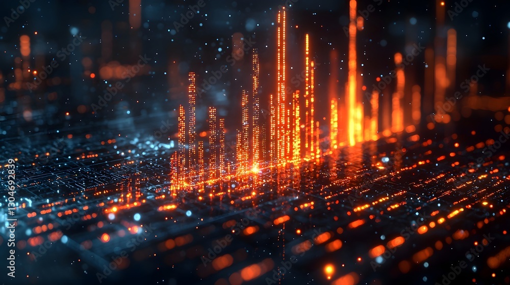 Naklejka premium Vibrant Holographic Sentiment Analysis Graph with Glowing Bar Charts Displaying Emotional Trends Over Time