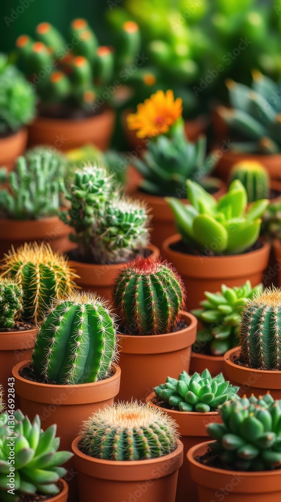 Diverse collection of potted cacti and succulents creating a vibrant and textured botanical display in a greenhouse setting Diverse collection of potted cacti and succulents creating a vibrant and textured botanical display in a greenhouse setting
