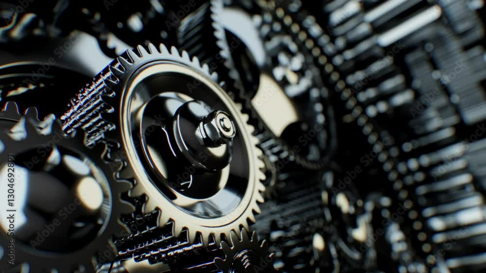 Rotating gears in a complex mechanism. A macro view reveals different ...