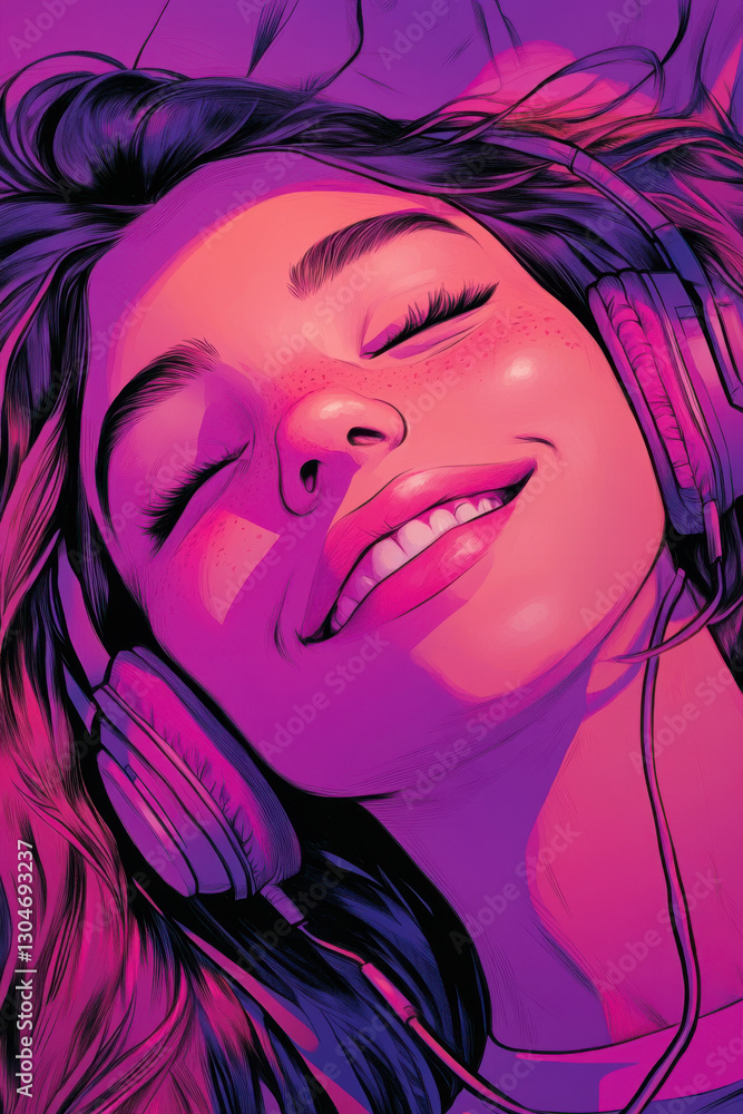 Young woman smiling with headphones relaxing in vibrant neon lights, listening to music, joyful expression, colorful art