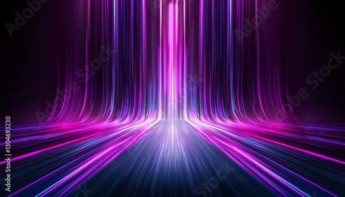 Neon purple speed rays on the dark asphalt, velocity light neon purple pink flow, zoom in motion effect, purple glow speed lines, colorful light trails, stripes on black background.