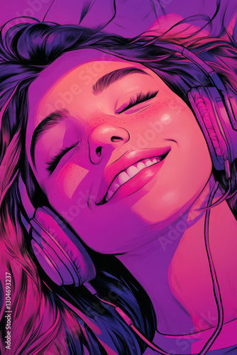 Obraz na płótnie Young woman smiling with headphones relaxing in vibrant neon lights, listening to music, joyful expression, colorful art w salonie