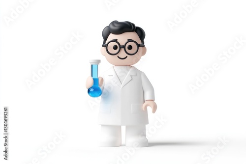 Cheerful scientist holds blue liquid in flask, showcasing curios