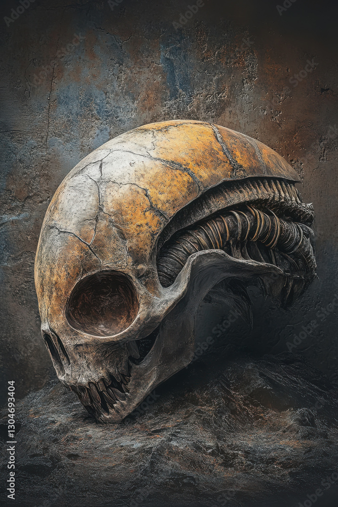 Futuristic alien skull design with metallic details on rustic background, science fiction aesthetic and intricate texture