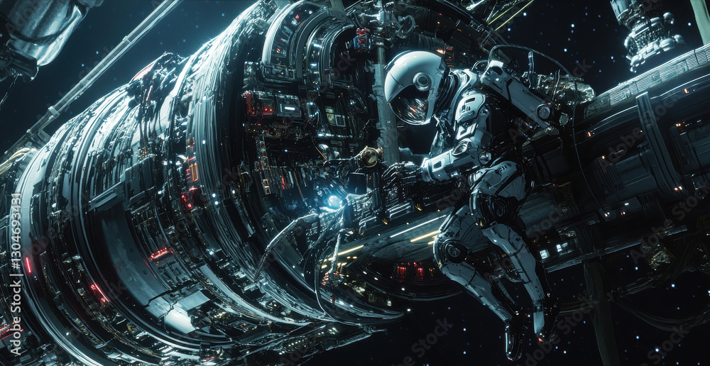 Futuristic space station with astronaut in advanced suit working in deep space environment with stars and galaxies