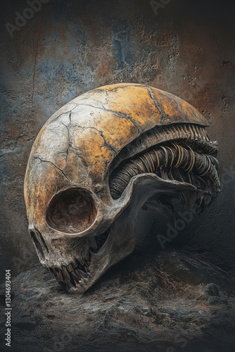 Obraz na płótnie Futuristic alien skull design with metallic details on rustic background, science fiction aesthetic and intricate texture w salonie