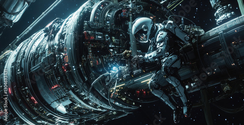 Obraz na płótnie Futuristic space station with astronaut in advanced suit working in deep space environment with stars and galaxies w salonie