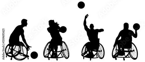 Set of silhouettes of basketball players in wheelchairs.Silhouettes of disabled athletes.Vector illustration.