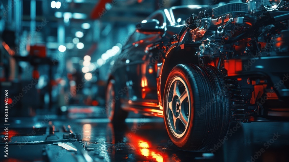 a captivating close up showcasing automotive manufacturing with emphasis on car assembly in a high tech robotic illuminated factory ambiance a captivating close up showcasing automotive manufacturing with emphasis on car assembly in a high tech robotic illuminated factory ambiance