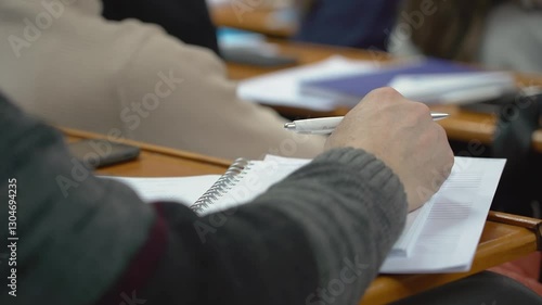 A student is taking notes in a lecture at the university close up