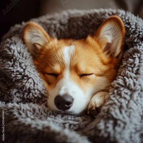 A dog sleeps wrapped in a soft grey blanket. Concept of comfort and rest. For pet care promotions.