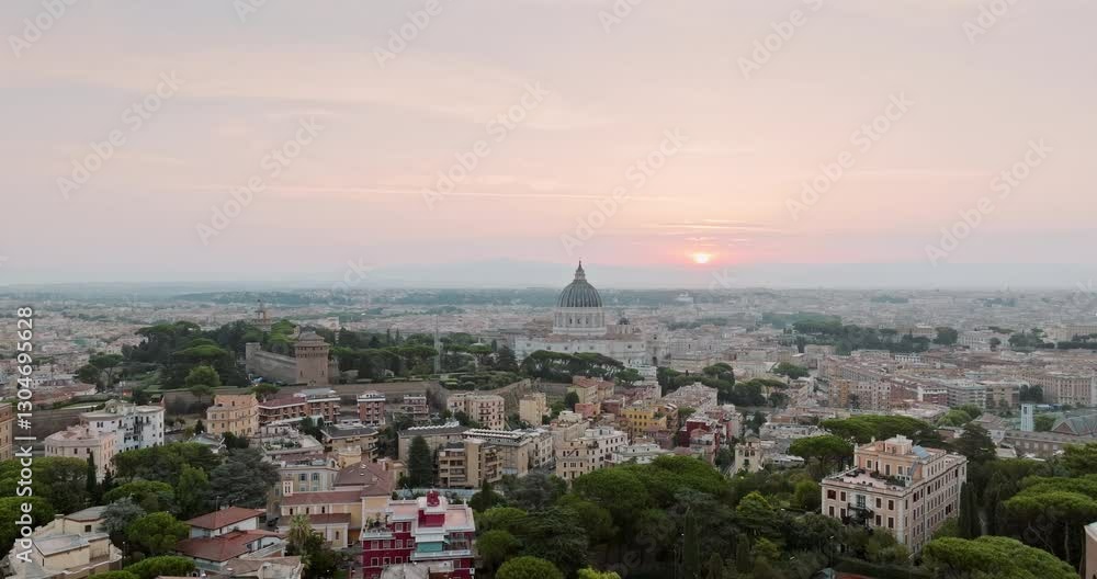 Aerial shot Vatican, featuring St. Peter Basilica its surroundings. Ancient city walls enclose stunning architecture gardens, with sunrise illuminating eternal city sunrise summer. Travel Aerial shot Vatican, featuring St. Peter Basilica its surroundings. Ancient city walls enclose stunning architecture gardens, with sunrise illuminating eternal city sunrise summer. Travel
